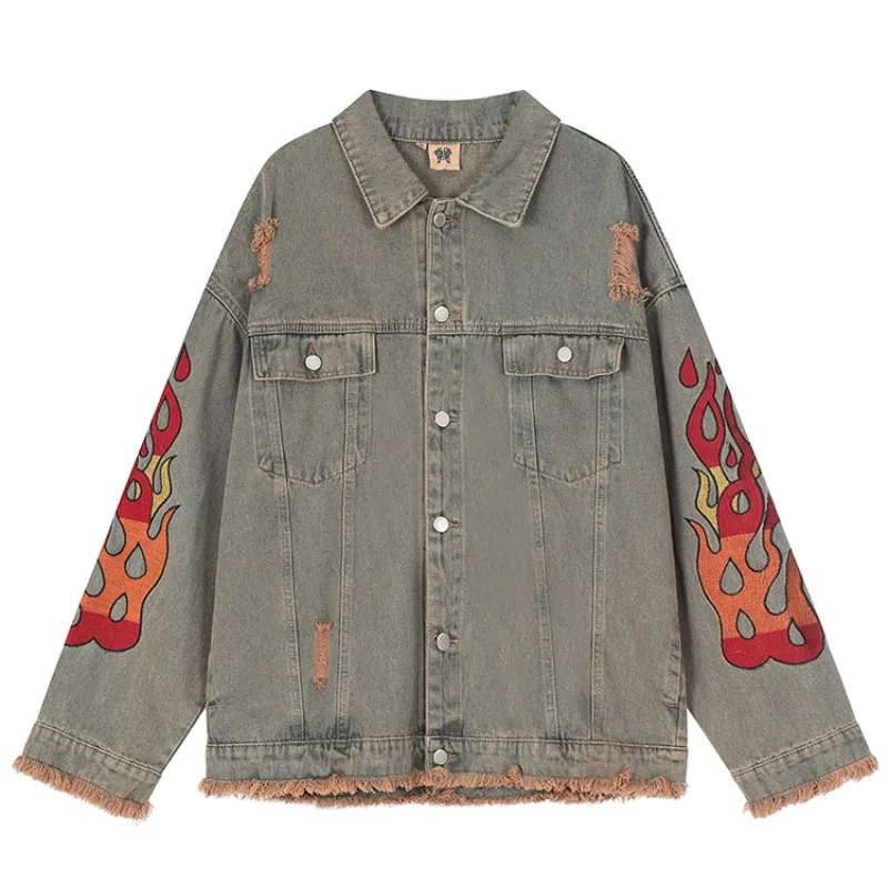 

Halloween Men Jacket American Vintage Washable Fabric Ragged Edge Flame Embroidery Denim Coat New Jacket Black Denim Jacket Men