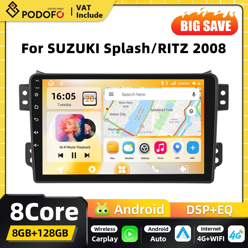 Podofo Snapdragon 8-Core Carplay 2DIN Android Autoradio Stereo für SUZUKI Splash RITZ 2008 GPS DSP WIFI FM RDS EQ Bluetooth DSP