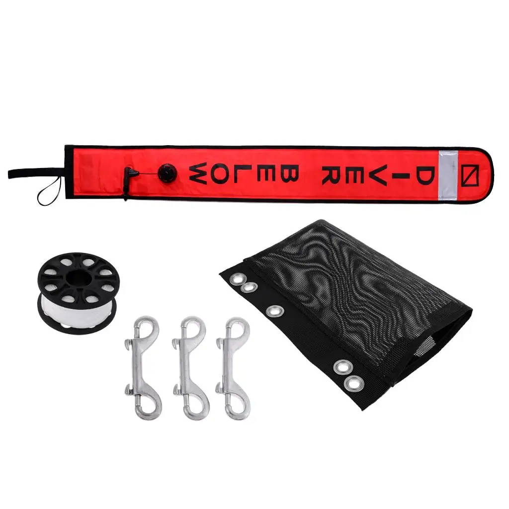 Safety Dive Surface Marker Buoy with Finger Reel and Mesh Gear Bag Set for Snorkeling and Ocean Diving