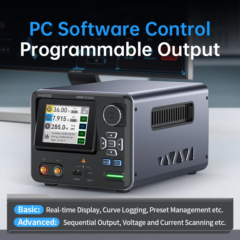 Fnirsi IPS3608 36V 8A 285W DC مزود الطاقة، شاشة منحنية، مخرج شحن سريع، حماية متعددة الأمان