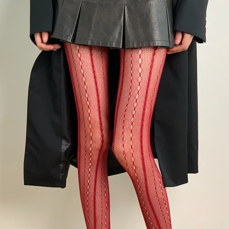 Women Sexy Red Chain Striped Tights Retro Hollow Out Design Sense Lace Vertical Stripe Jacquard Mesh Fishnet Pantyhose