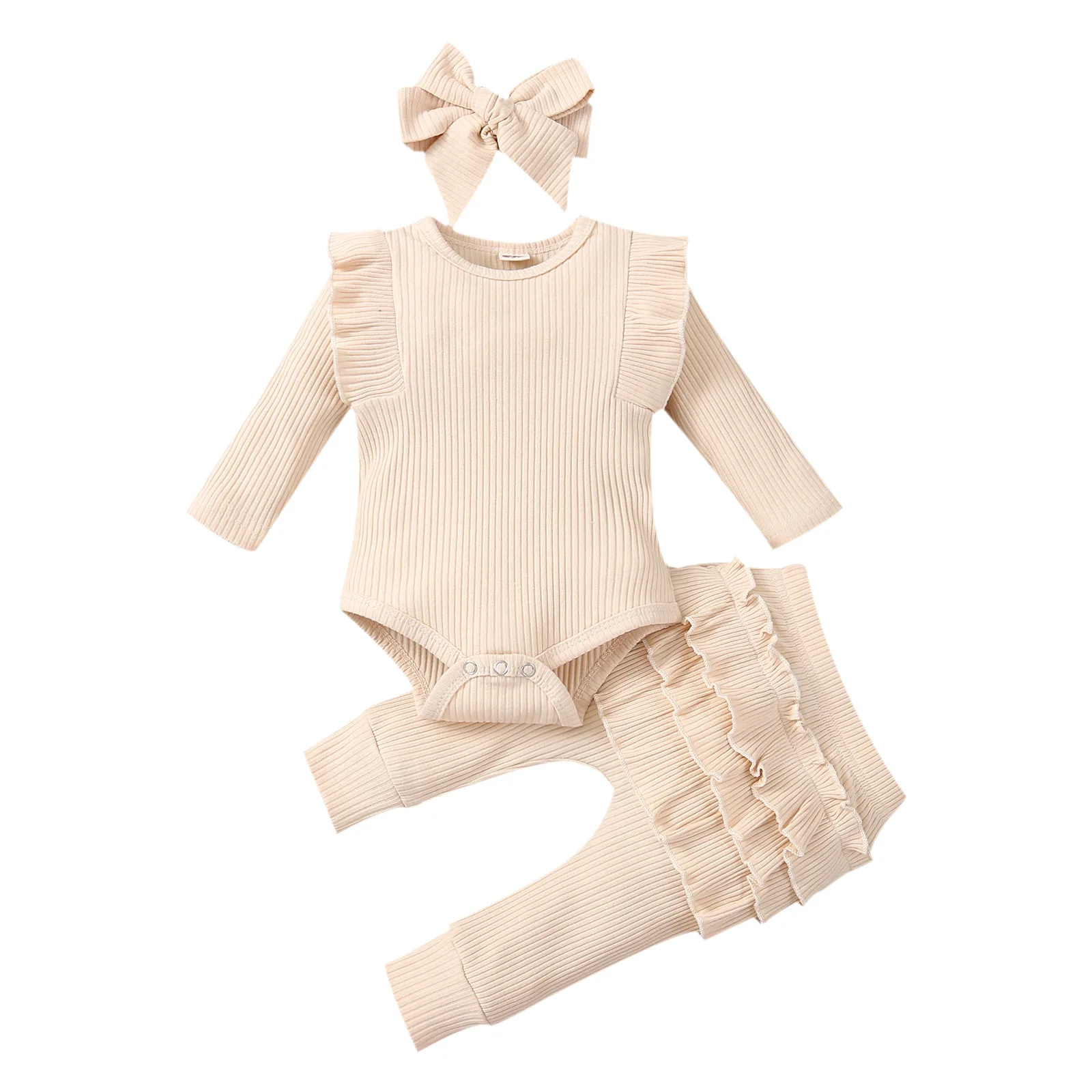 3Pcs Baby Girl Outfit Set Newborn Toddler Kids Clothing Set Baby Girls Lace Ruffles Cotton Bodysuit +Pants+Headband Clothing