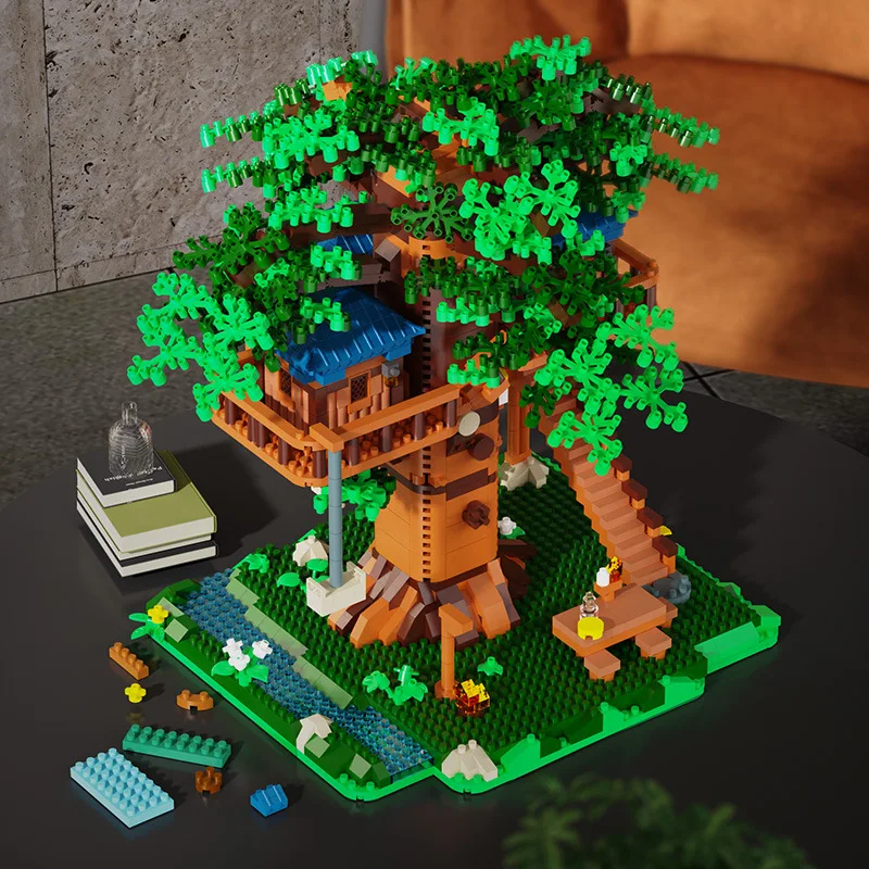 Arquitectura creativa, paisaje al aire libre, casa en el árbol de la jungla, Micro bloque de diamante, casa en el árbol, construcción de ladrillos, juguete para regalo