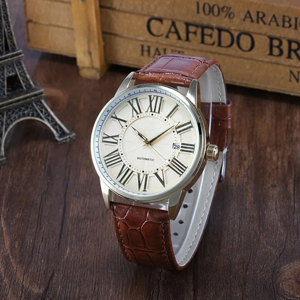 

Automatic Mechanical Watch For Men Golden Brown Pu Stainless Steel Band Comfortable Precise Movement Men'S Wristwatch Supports