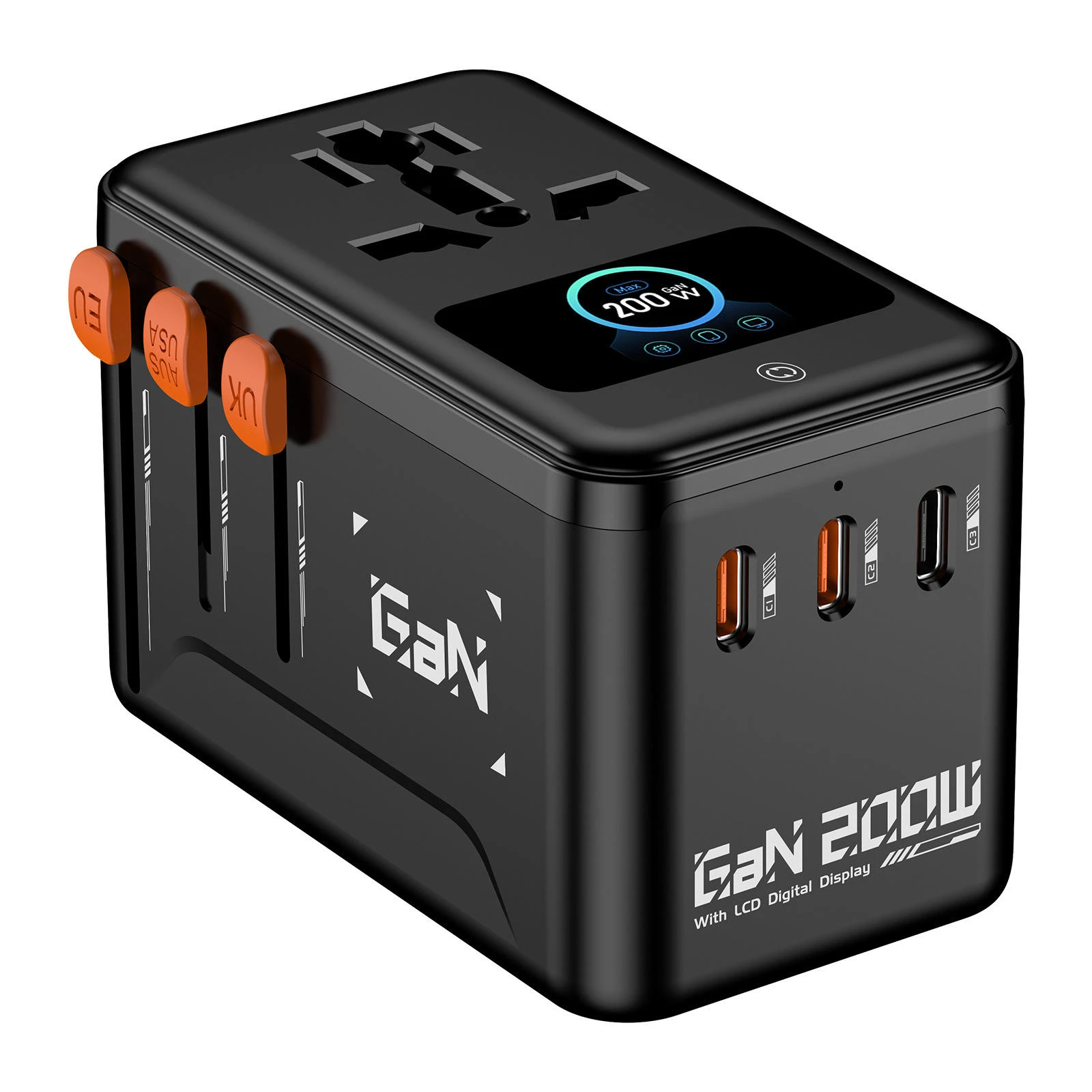 Universal PD200W GaN Travel Adapter With Animated Digital Display Multifunctional Conversion Socket Fast Charging Plug Kit