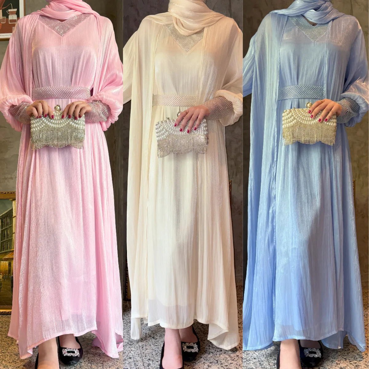 Dress Abaya Suit Women Eid Muslim Party Dresses Cardigan Robe 2 Piece Set Dubai Ramadan Morocco Islam Vestidos Jalabiya Kaftan