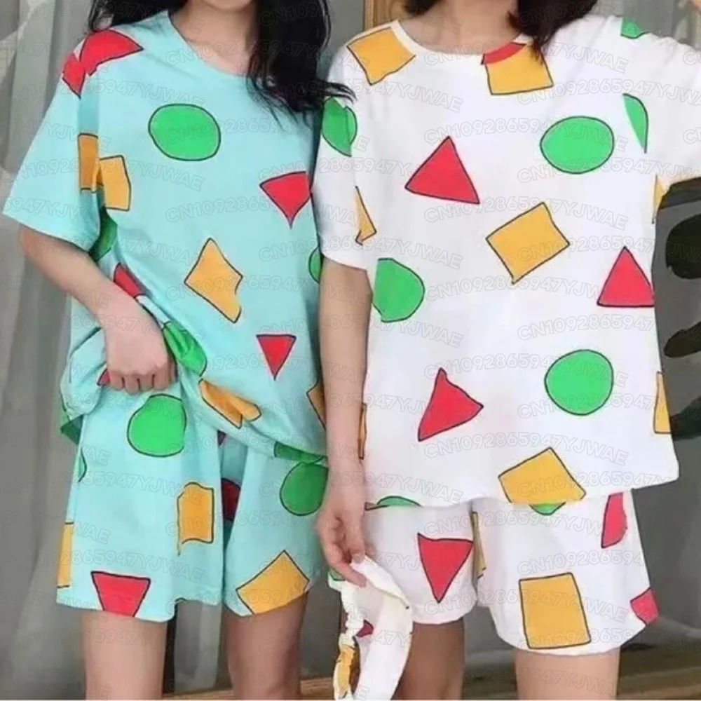 Summer Women's Men's Casual  Cute Cartoon Print Short-sleeved Couple Pajamas Set Sleepwear Daily Home Japanes Couple Pajamas