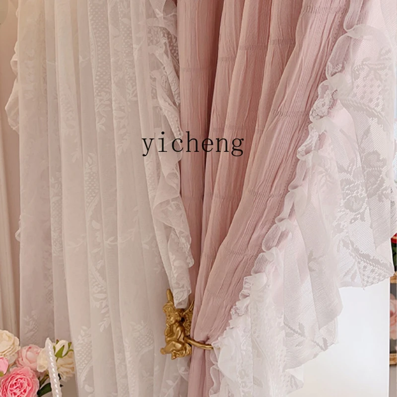 

TQH French Cream Style Curtains Bedroom Retro Romantic Blackout New Living Room Custom Princess Room Pink Sunshade Curtains