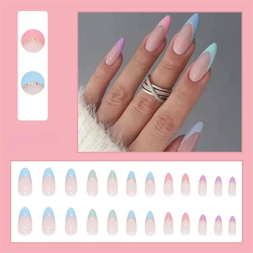 

24Pcs/Set French Teardrop Almond Fake Nails Removable Tip Wearing False Nails Full Cover Adhesive Artificial Press on Nail Art