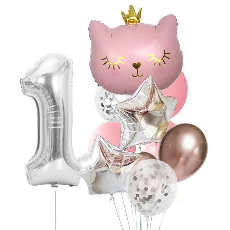 12pcs Cat Birthday Party Balloon Set Black Silver Number 0-9 Years Old Party Decoration Balloon Set Crown Cat Balloon Package