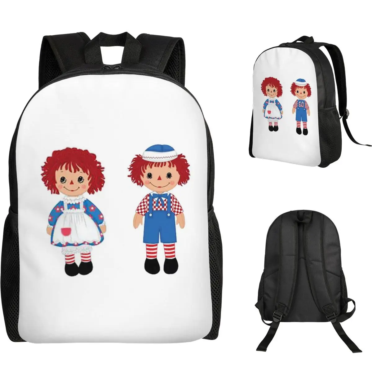 Raggedy Ann e Raggedy Andy, mochila vintage para estudantes, meninos e meninas, bolsa escolar, bolsa de ombro para computador
