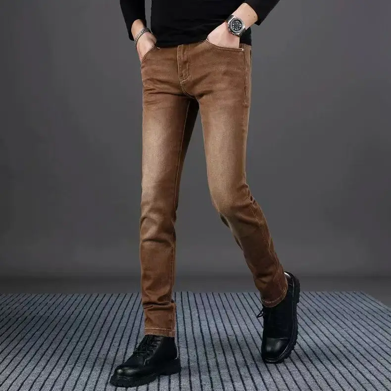 

Мужские облегающие джинсы, эластичные модные брюки, осень-зима, новинка корейской версии, универсальные прямые брюки из смеси хлопка и полиэстера