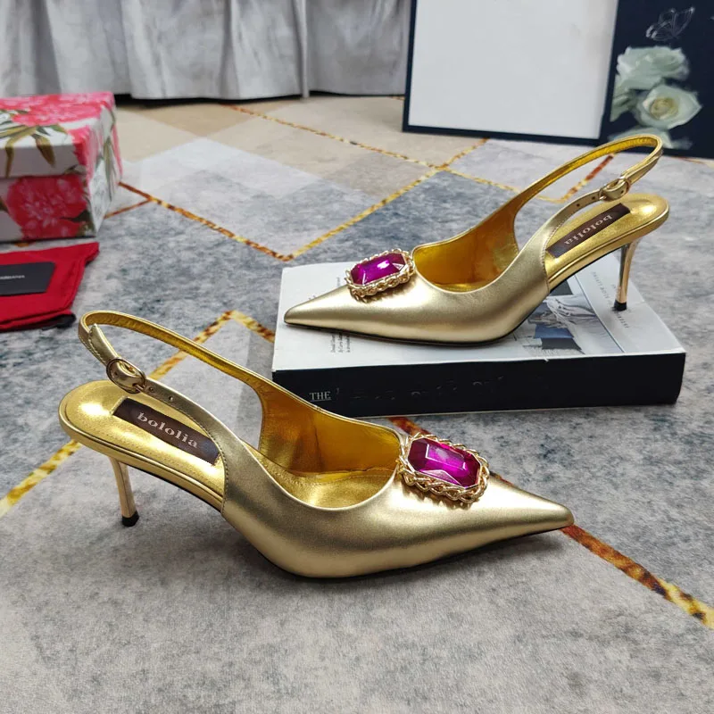 High Quality Diamond Ornament High Heels Women Sexy Pointed Toe Stiletto Heel Slingback Buckle Genuine Leather Banquet Pumps
