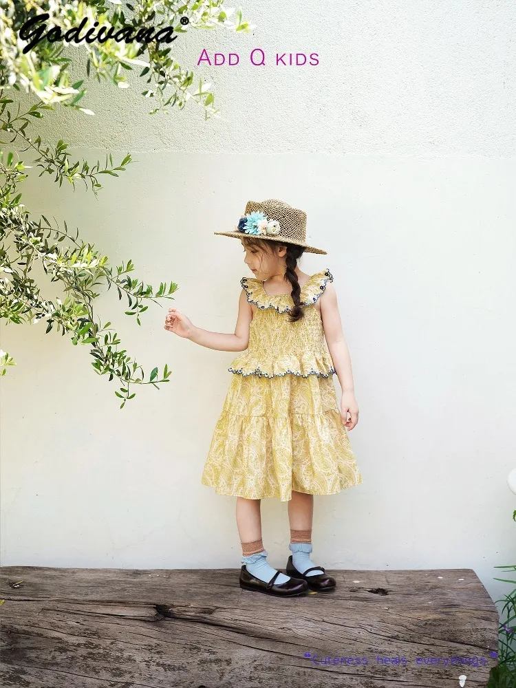 Sweet Little Girls Summer Pure Cotton Vest Dress Childrens Ruffles Collar Yellow Floral Pastoral Heavy Embroidery Thin Dresses