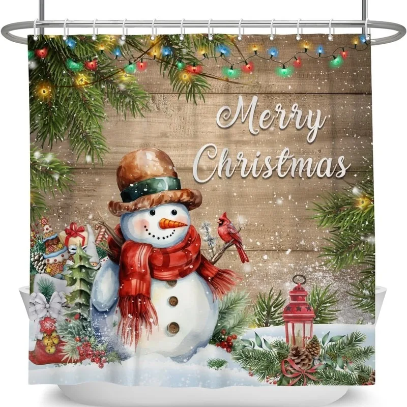 Christmas Wooden Watercolor Snowman Red Cardinal Pine Tree Light Bathroom Shower Curtain Set No Drilling Hooks 12 Hooks