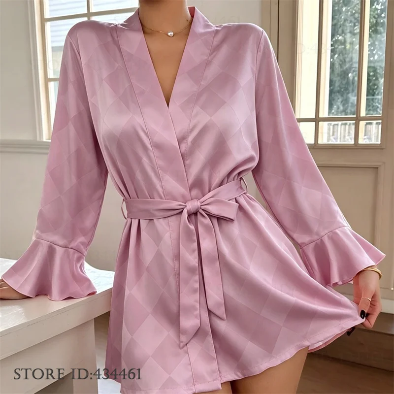 Sweet Pink Ice Silk Women's Robe Kimono Gown Sexy Mini Nightgown Sleepwear Loose Casual Bathrobe Home Clothes Summer Loungewear