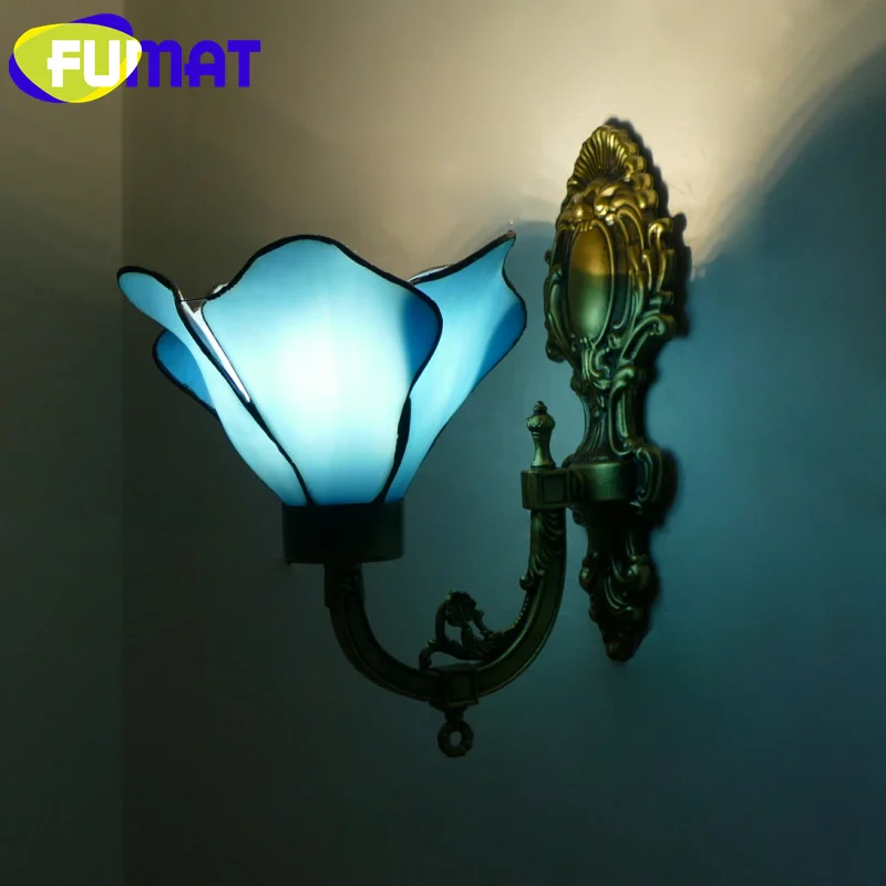 FUMAT Tiffany style stained glass European lotus wall lamp for bedroom bed restaurant study corridor LED decor sconce light