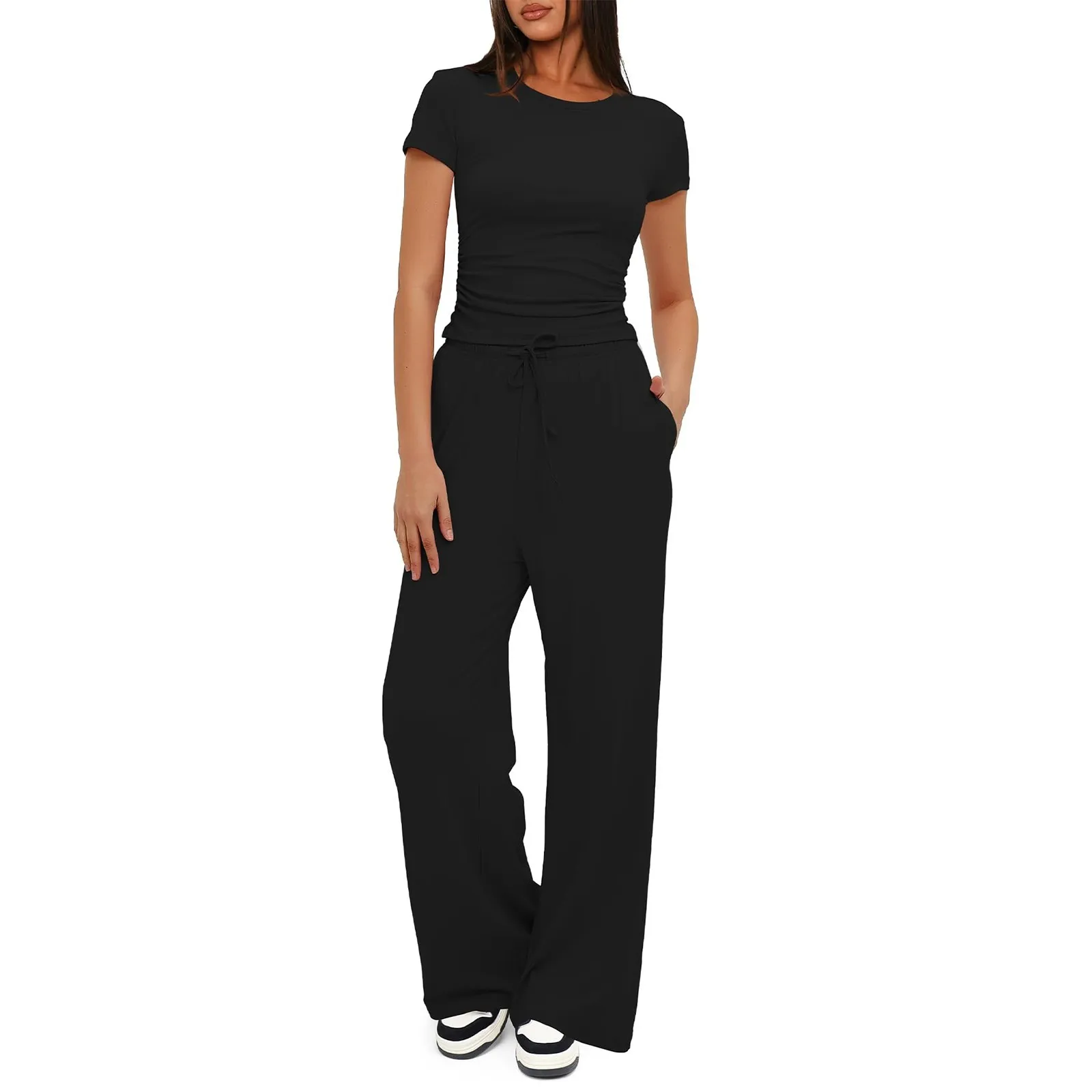 Fashion Classic Skinny Two Piece Outfits Summer Short Sleeve Ruched Tops And Wide Leg Long Pants Tracksuit Matching Set For Lady