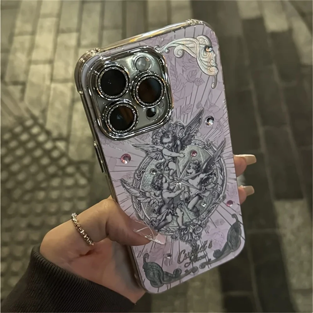 Retro European Cupid Angel Aurora Laser Phone Case For iPhone 16 15 14 13 12 Pro Max 11 INS Luxury Glitter Lens Protective Cover