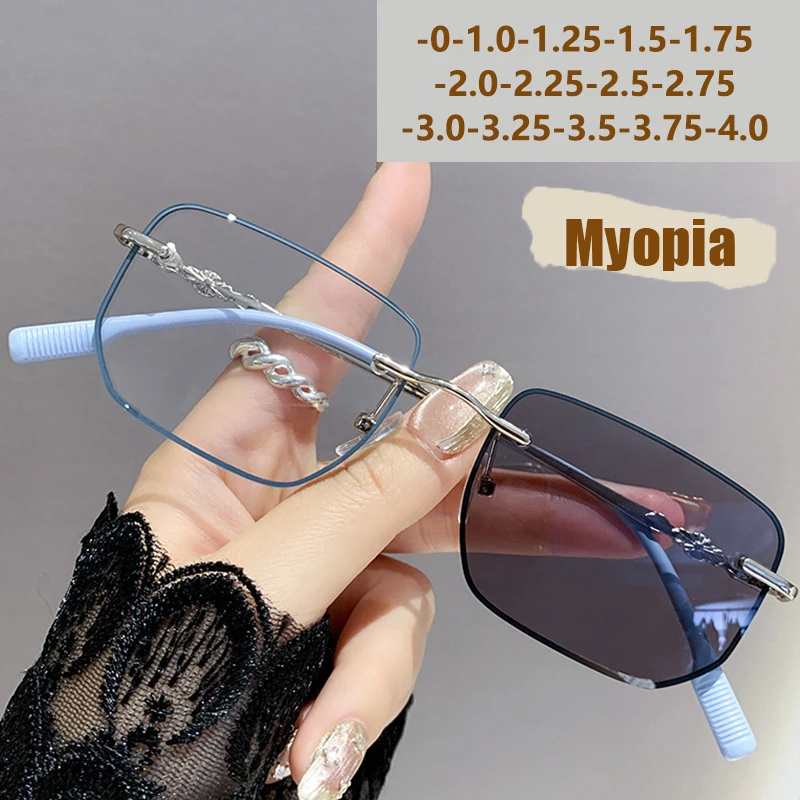 Lichtempfindliche, farbwechselnde, randgeschnittene, modische Anti-Blaulicht-Rahmenlose Metallrahmen-Myopiebrille für Seniorenstudenten 3325