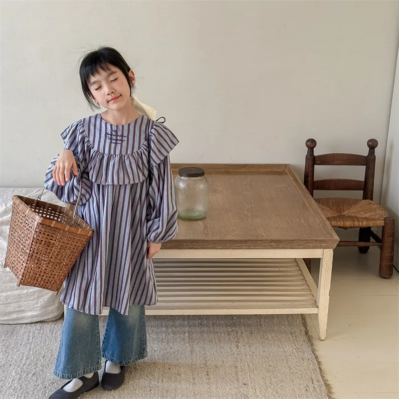 

2025 Spring New Girls Long Sleeve Striped Casual Dress Letter Embroidery Children Ruffle Collar Loose Dress Cotton Kids Clothes