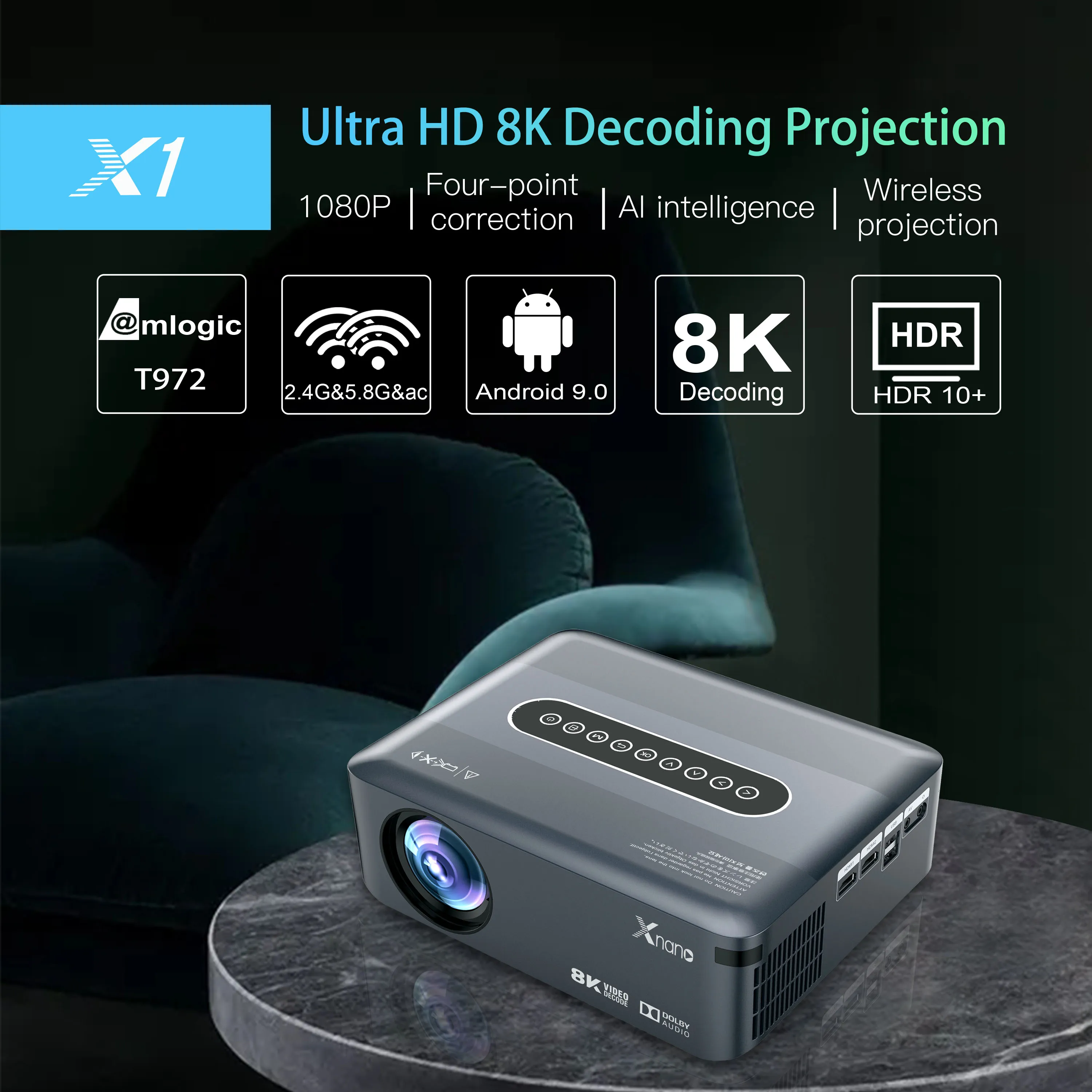 X1 8K 1920*1080P Projector Amlogic T972 Android 9.0 300ANSI Dual wifi BT5.0 HDR10+ Voice Control Portable Home Projector