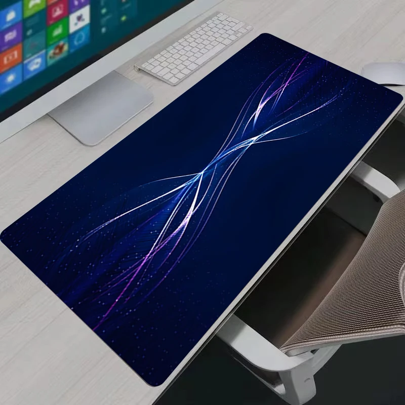 XXL Large Gaming Mouse Pad Blue Abstract Flowing Light Lines Tech Extended Desk Mat Non-Slip Rubber Base Keyboard Pad For