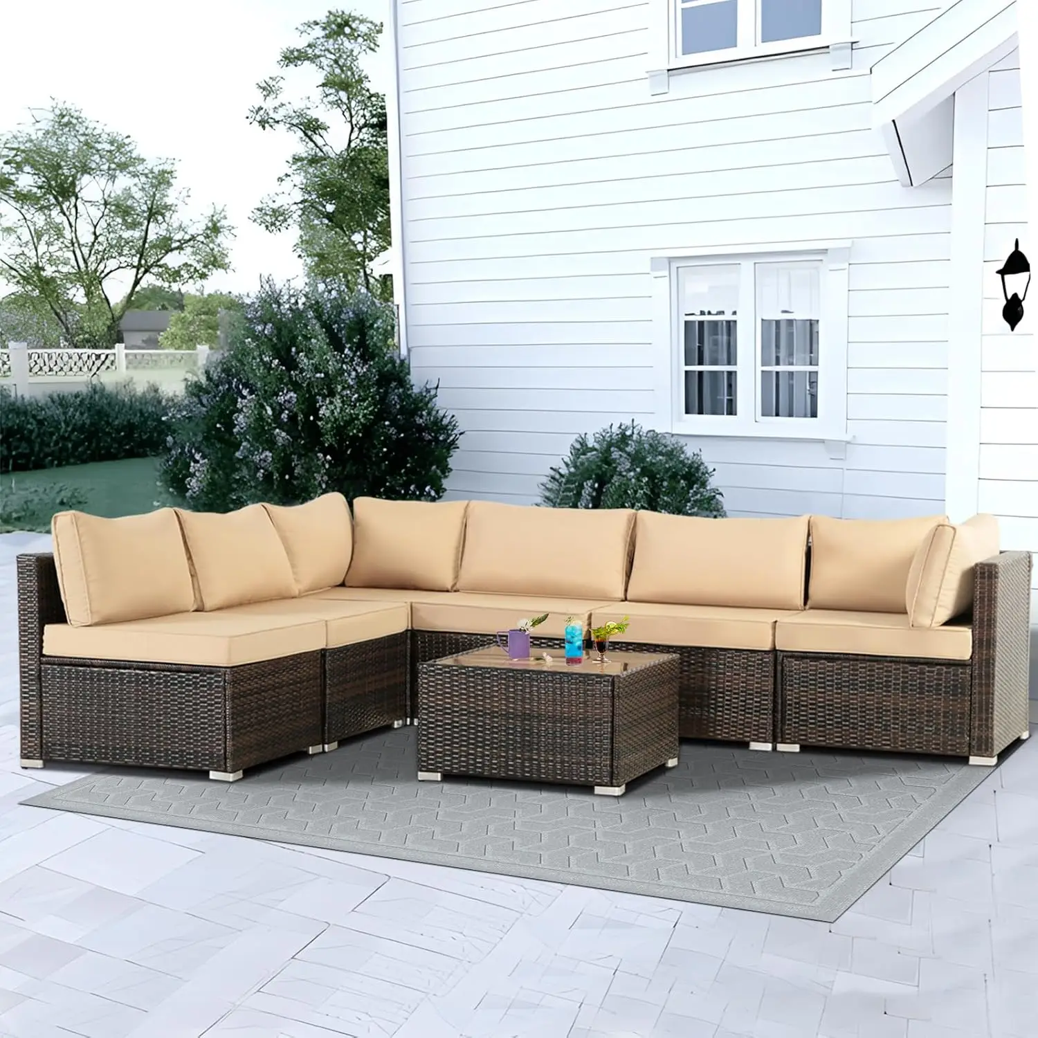 Outdoor Sectional Sofa Sets Rattan Wicker Patio Conversation Sets All Weather Patio Furniture Set with Cushions and Glass Table