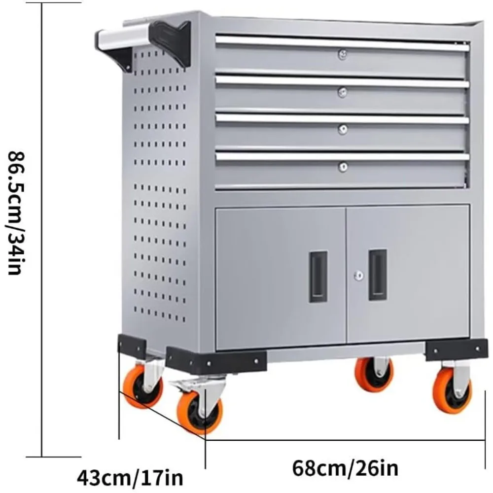 عربة أدوات دوارة ذات 4 أدراج شديدة التحمل - سعة 440 رطلًا، خزانة تخزين صناعية لورشة العمل، المرآب، ومساحات الإصلاح