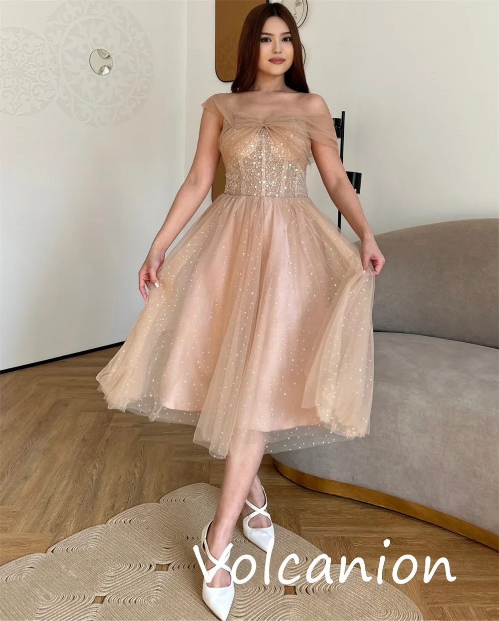 Customized Sparkle Fashion Organza Sequined Pleat A-line Off-the-shoulder Midi Dresses Bespoke Occasion Sexy