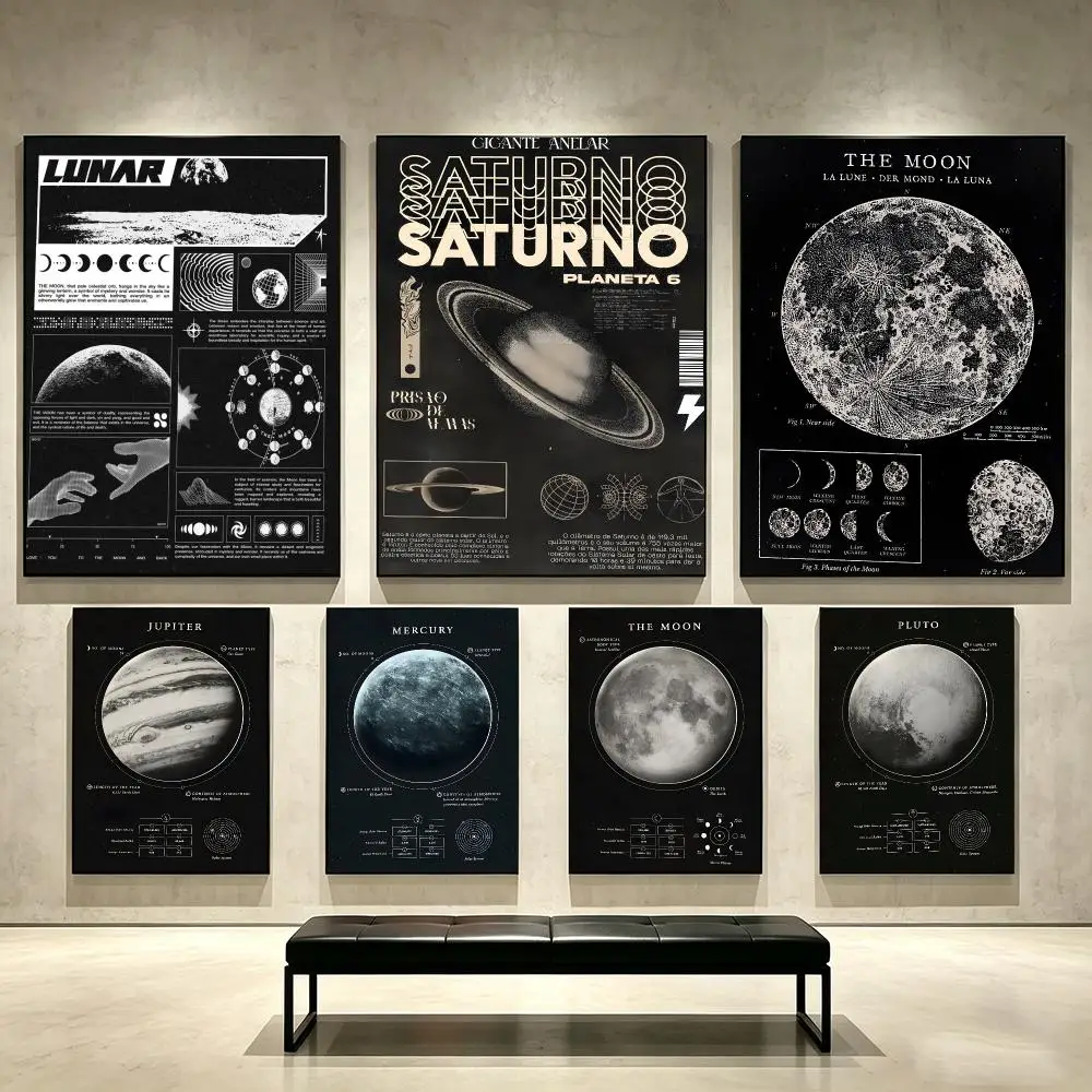 Retro Poster V-Vintage Astronomy Poster Set Poster Self Adhesive PP Wall Art No Frame Bedroom Playroom Decor