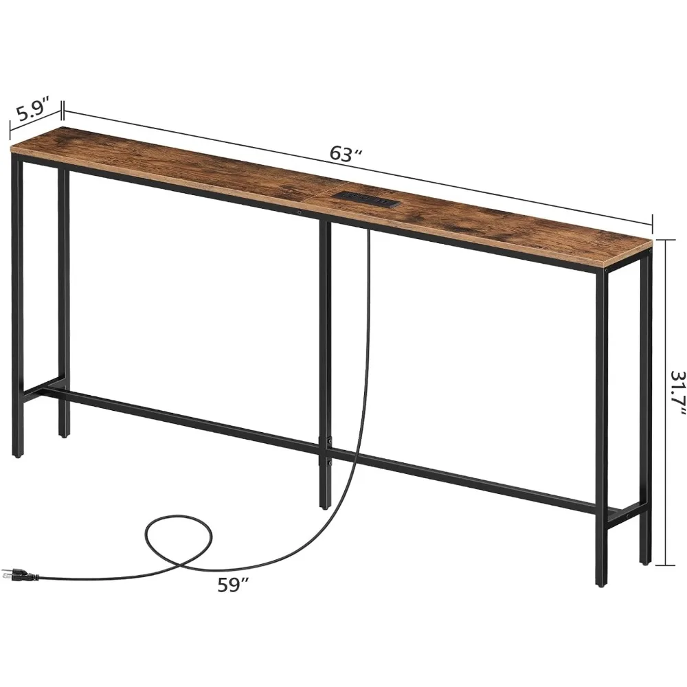 Skinny Console Mesa com Tomadas de Energia, Mesa de Sofá Estreita, Atrás da Mesa do Sofá com Estação de Carregamento