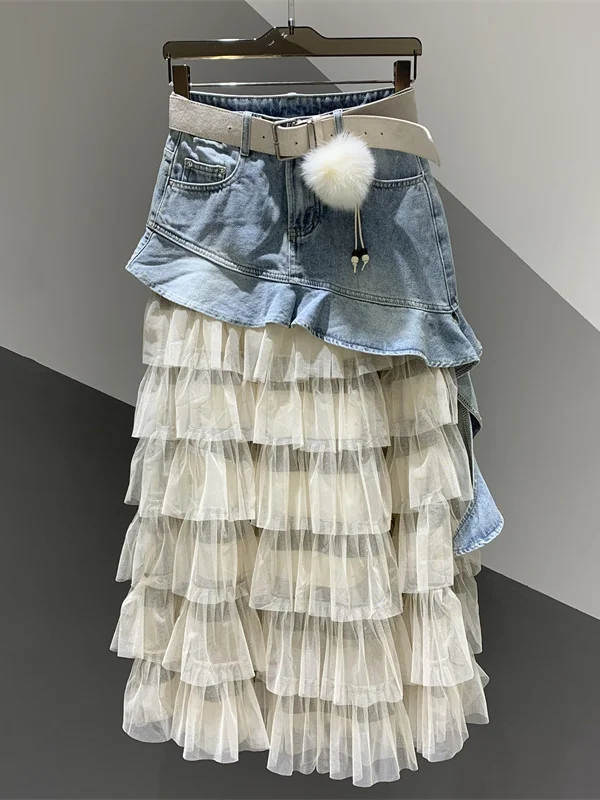 Casual Style Mesh Splice Half-length Women's Denim Skirt Asymmetrical Design Bodycon Midi Skirt Standard Fit Cotton Blend