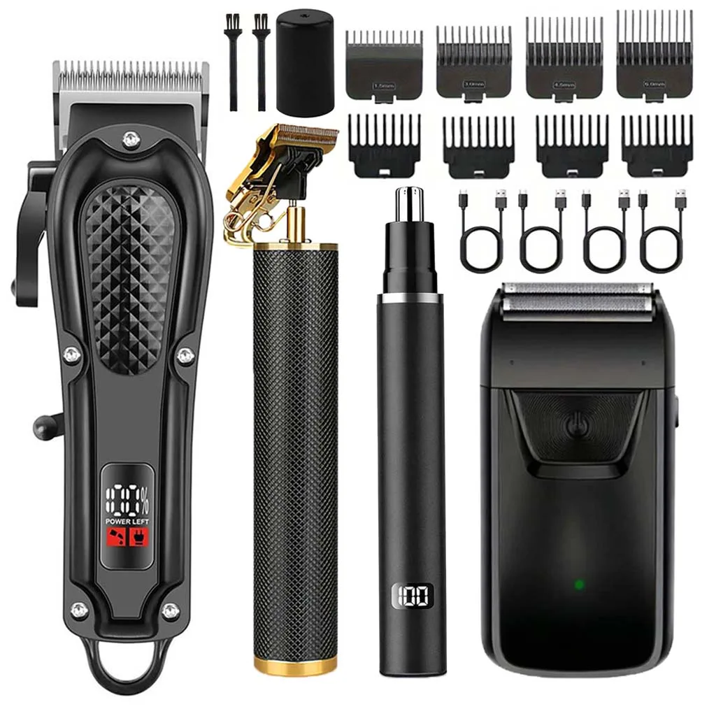 

Professional 4-in-1 Hair Clipper & Trimmer Set for Men – Cordless Grooming Kit with LCD Display, USB Rechargeable, Includes Beard Trimmer,Electric Shaver, Nose Hair Trimmer & Multiple Guide Combs – Perfect for Home & Barber Use