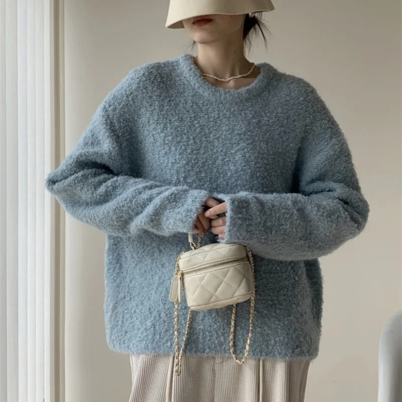 

Fashion Korean Version Circle Yarn Solid Color Crew Neck Pullover Women's New Loose Lazy Wind Knitted Sweater 2025 Spring And Au
