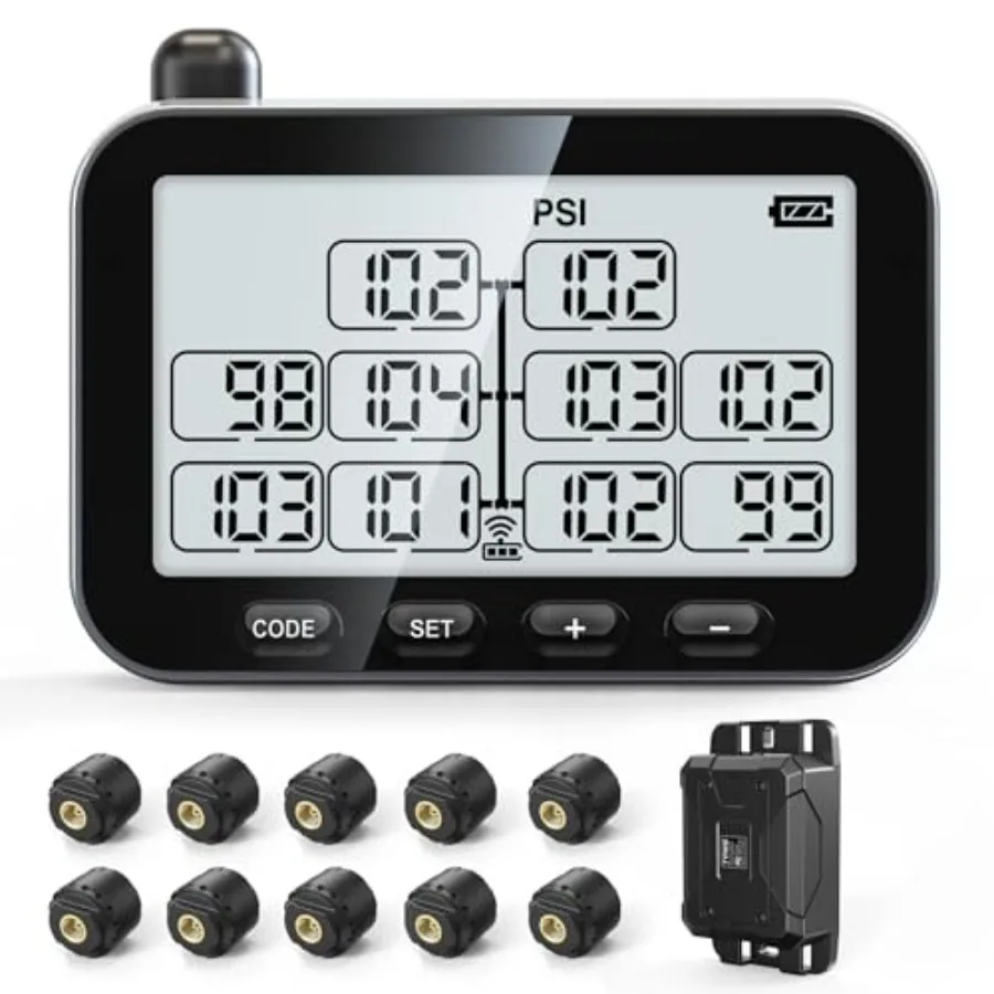 

Trailer Tire Prure Monitoring System, RV TPMS with, 6 Alert Modes, Signal Booster, Power Saving Display, Long Sensing Distance,