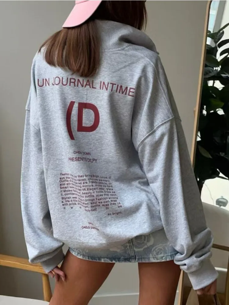 พิมพ์หลวมและอเนกประสงค์สาวร้อนขี้เกียจยุโรปและสไตล์อเมริกันฤดูใบไม้ร่วงและฤดูหนาวLapelครึ่งซิปอินเทรนด์Hoodie Harajuku
