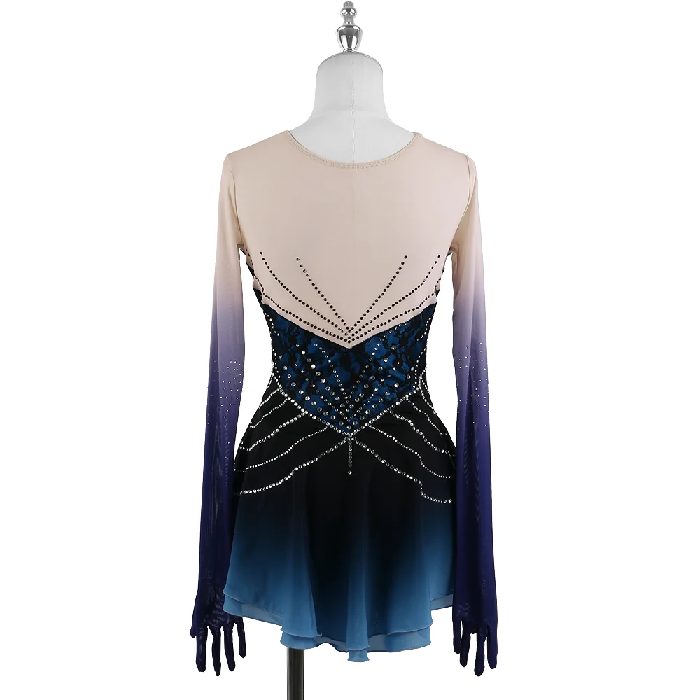 Zagitova Figure Skating Dress Women Girls Ice Skating Skirt Long Sleeve Lace Gradient Princess Dress Shiny Diamond Mesh Skirt