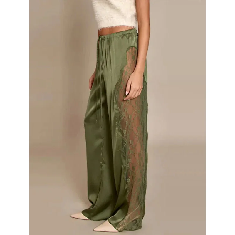 Lace Patchwork Casual Satin Pants Women Sexy See Through High Waist Lace Up Straight Trousers 2026 Spring Summer Chic Trousers