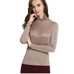 100% real Silk 150g double-sided Knit Female Shirt Sleeved Turtleneck Shirt Lapel Jacket