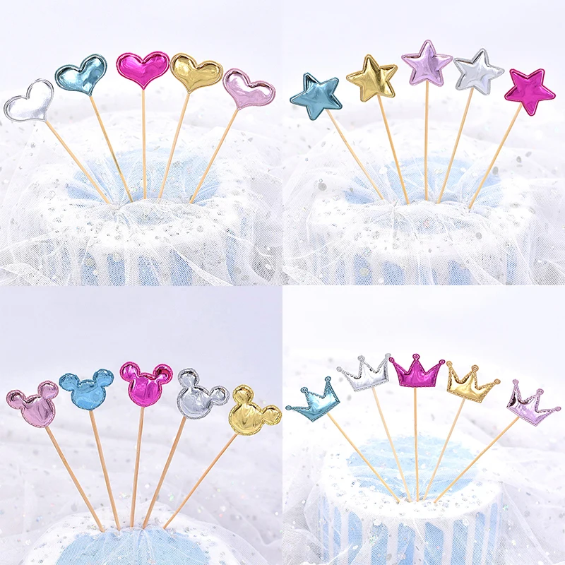 50pcs Cake Topper Crown Heart Star Mickey Head Birthday Decoration Fruit Dessert Toothpick Baby Shower Wedding Party Supplies