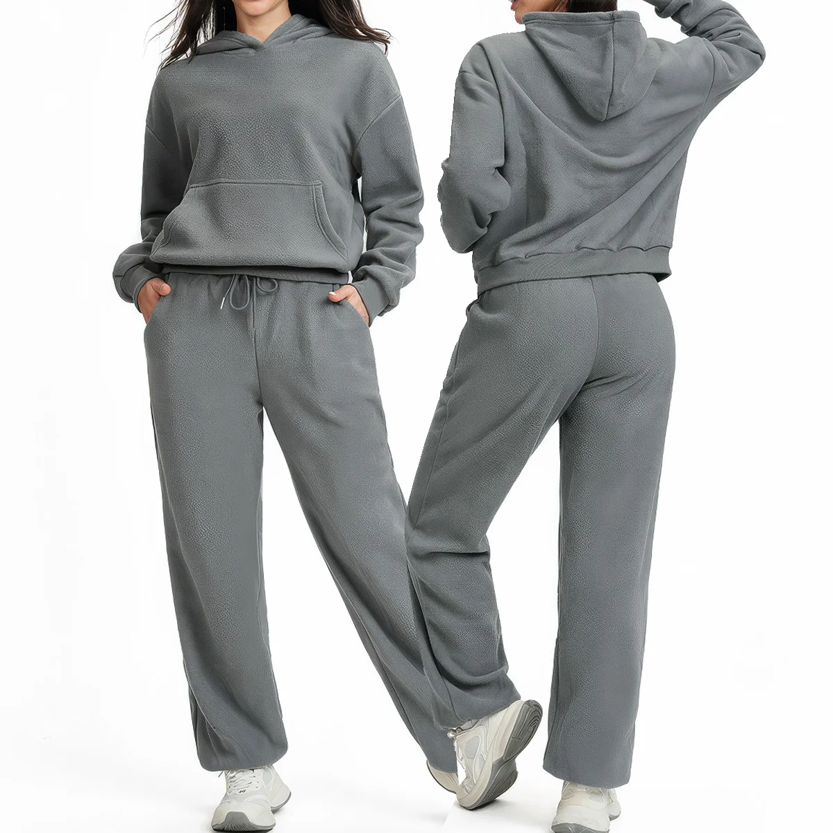 

Solid Two-piece set Women Fashion Long Sleeve Zipper Sweater Pullover Tie up Pocket Wide Leg Pant Suit Loose Casual Sport Sets