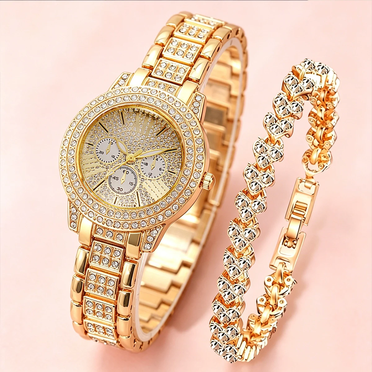 2PCS Full Diamond Women Watch Heart Bracelet Set Fashion Ladies Quartz Wristwatches Relogio Feminino Clock (Without Box)