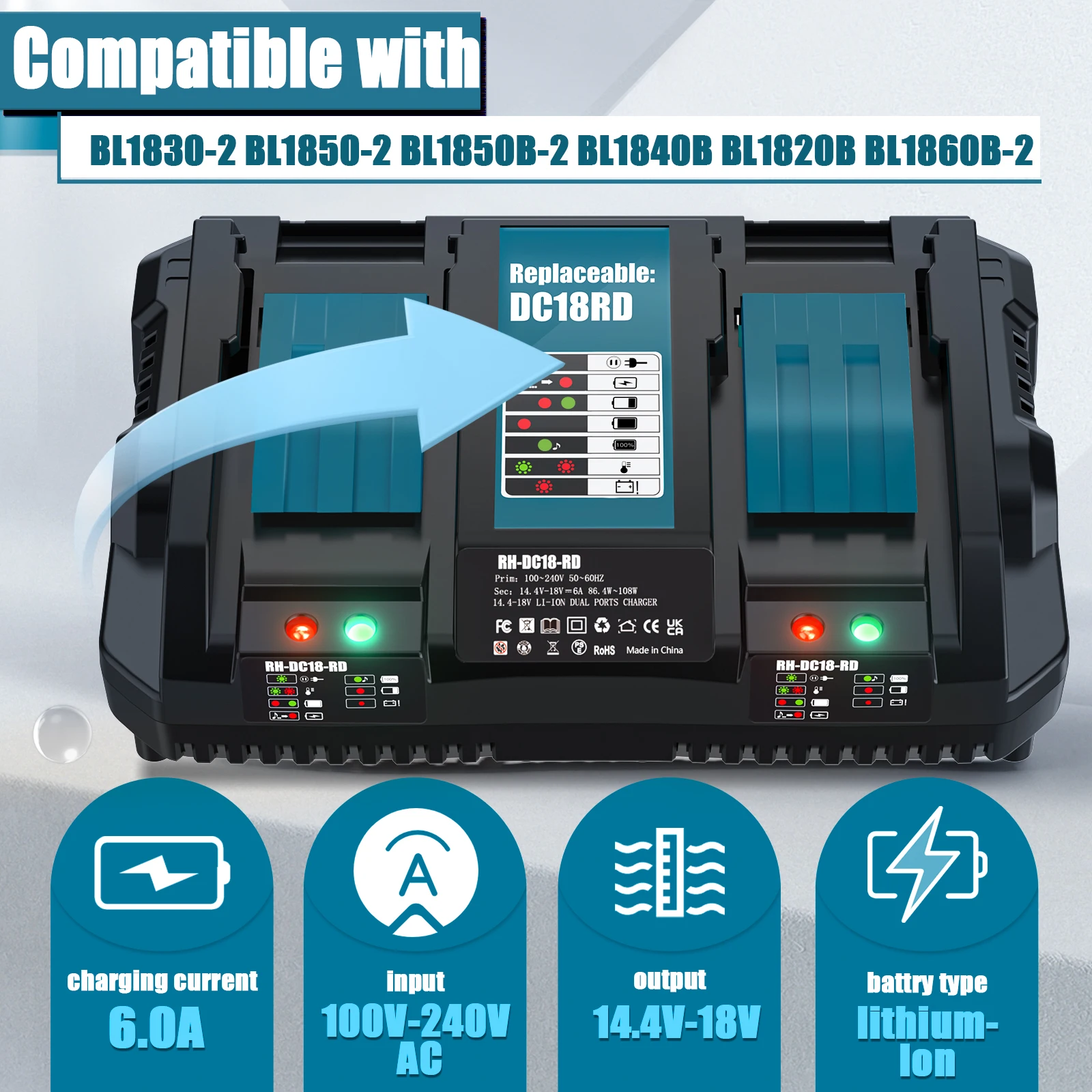 Chargeur 3A Snap9A pour Makita, 18V, LXT, Eddie ion, BL1860, BL1830, BL1850, DC18RC, DC18RD, 14.4 VOLT ~ 18V VOLT, RU FR DE