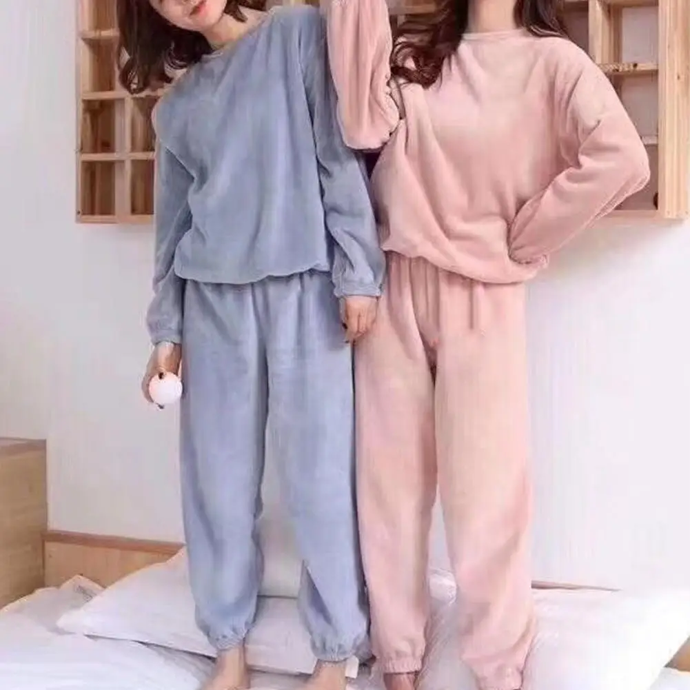 Conjunto casual de pijamas de lã coral feminino, tops de manga comprida com o pescoço, calças compridas com elástico na cintura, loungewear macio, 2 peças por conjunto