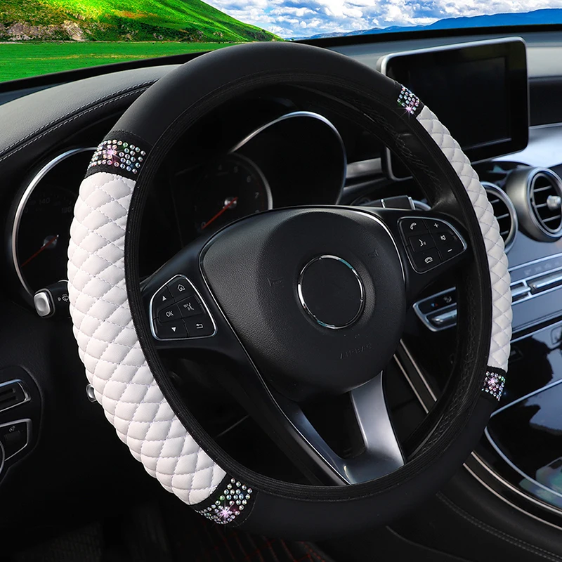 Four Seasons Universal Car Steering Wheel Cover 37-38cm Leather Embroidered Color Diamond-Studded Elastic Steering Wheel Cover