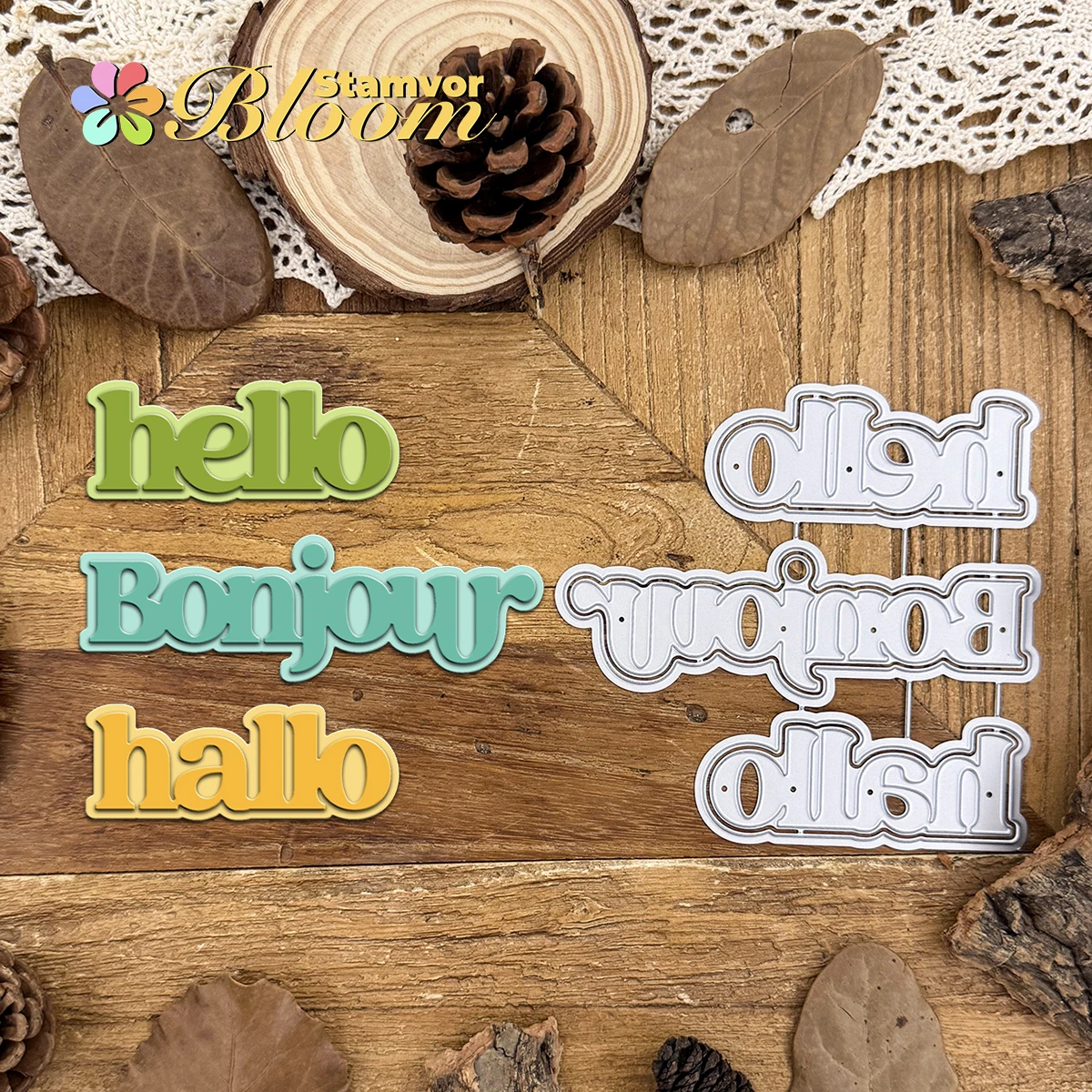Original schöne Schichten Englisch Deutsch Französisch Hallo Hallo Bonjour Worte Titl Metall Stanzformen Scrapbooking dekorative Prägung