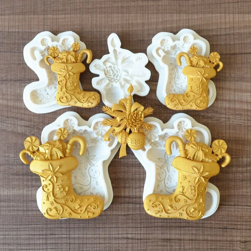 Christmas Boot Shoe Silicone Baking Molds, Xmas Gift Fondant Chocolate Candy Cake Moulds For Diy Holiday Dessert Decorations
