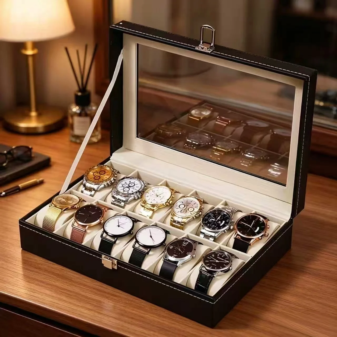 12 Slots Lockable PU Watch Box, Synthetic Leather Watch Organizer with Removable Cushions, Watch Storage Case Gift