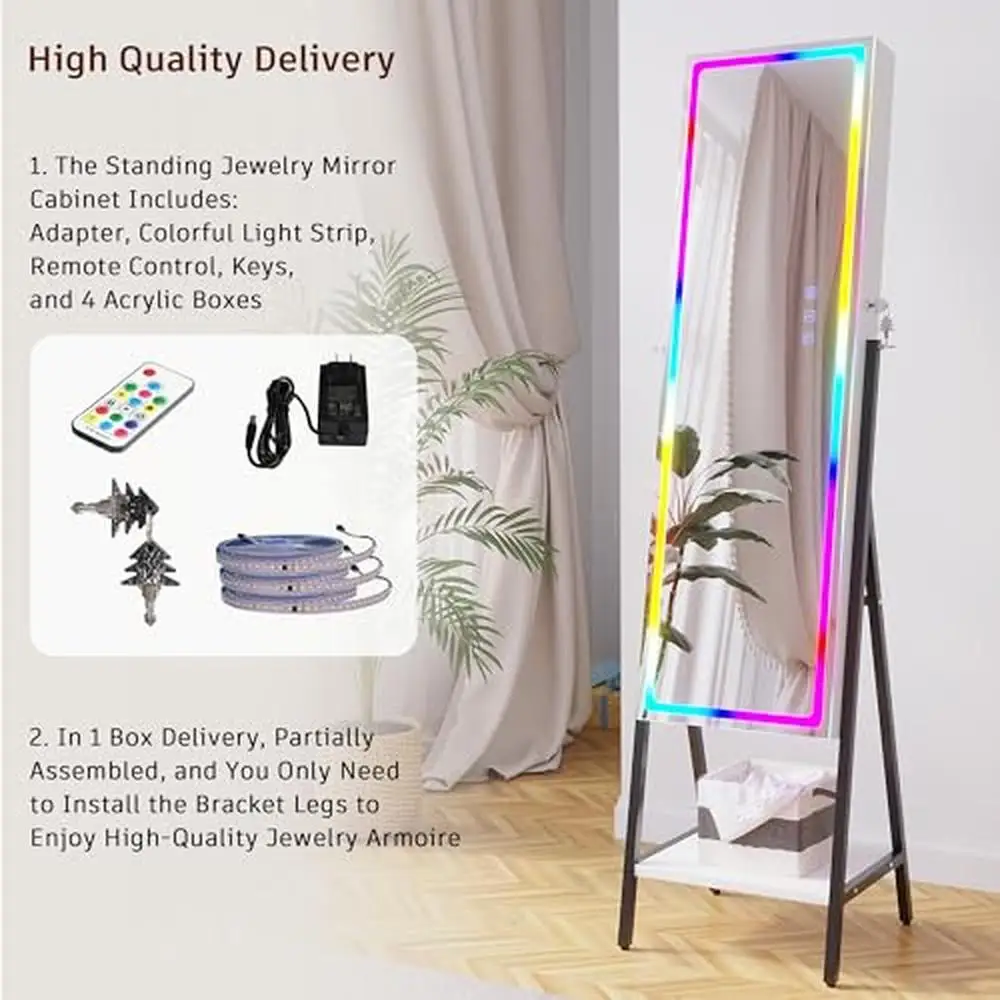 Armoire à bijoux LED avec miroir pleine longueur, armoire de rangement, télécommande, lumières RVB, miroir de maquillage debout, 63 po